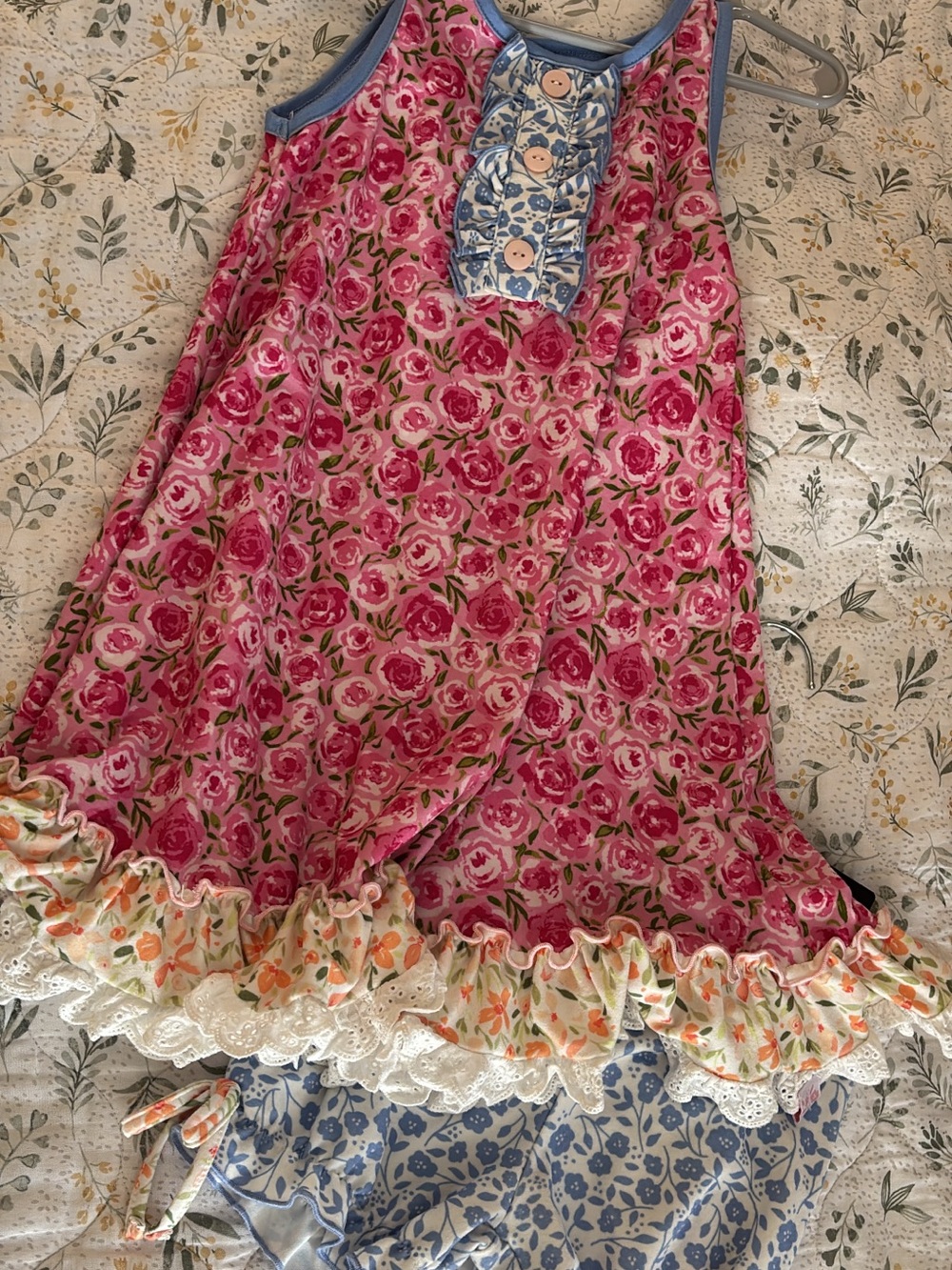 SweetHoney Pink Floral Ruffle Pajama Set with Blue Trim